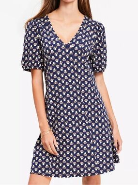 NWT Loft Floral Garden Seamed Mini Dress Sailor Navy Blue Yellow Red Size Medium